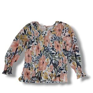 Maurices Womens Floral Smocked Blouse Top Shirt Plus Size White Pink Size 1X